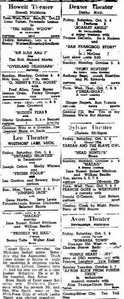 Lee Theatre - OCT 01 1952 ADS FOR VARIOUS LOCAL THEATERS